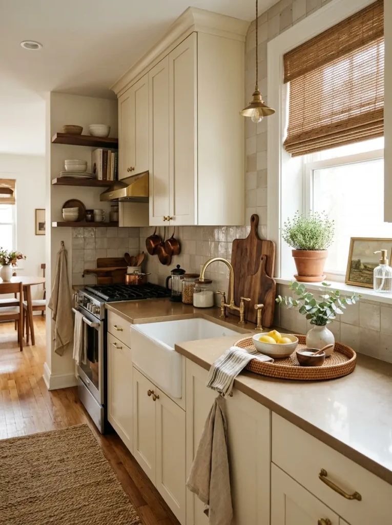 Elegant compact kitchen featuring walnut accessories, wooden shades, and layered warm textures.