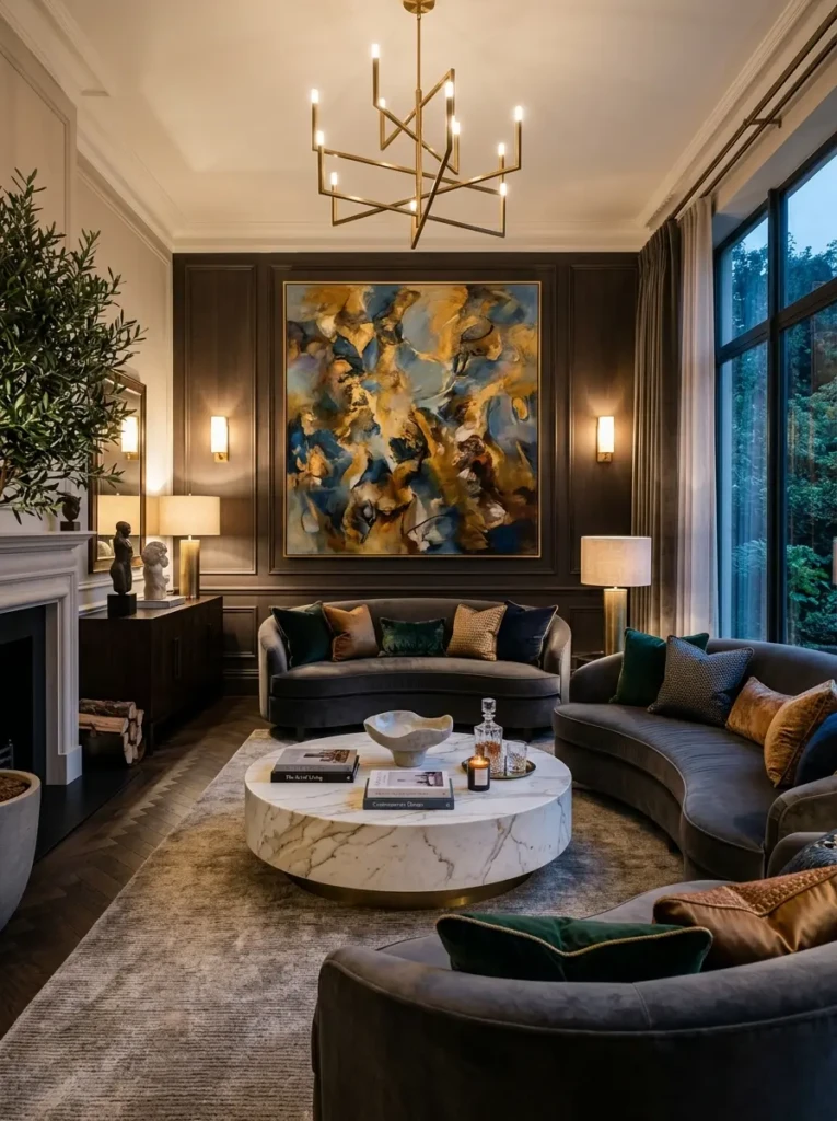Elegant lounge with curved seating, textured decor, and cozy lighting in a former dining room.