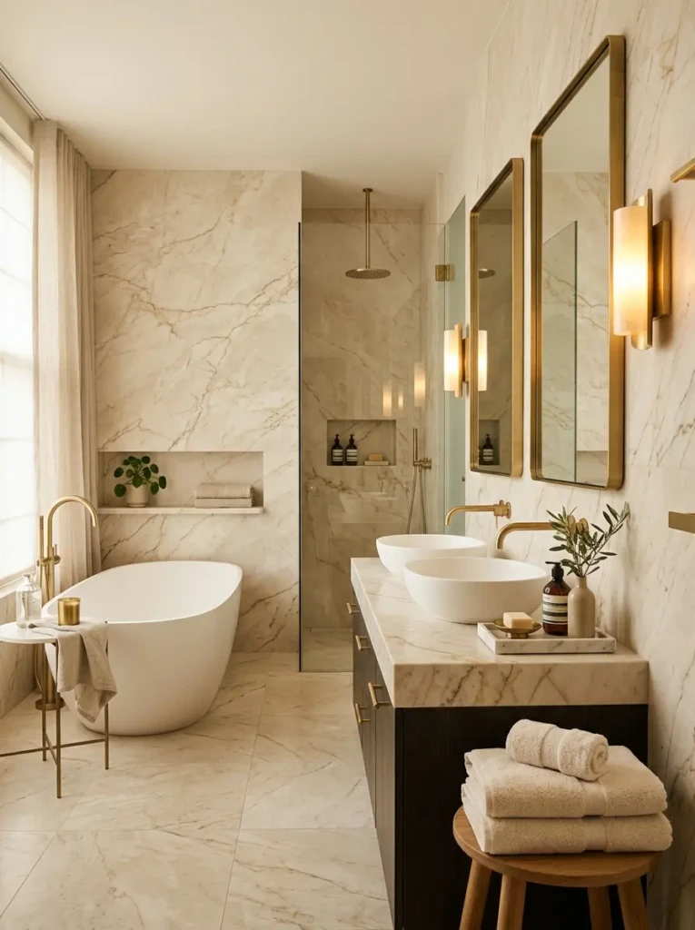 Elegant beige marble bathroom with brushed brass fixtures and cozy neutral styling