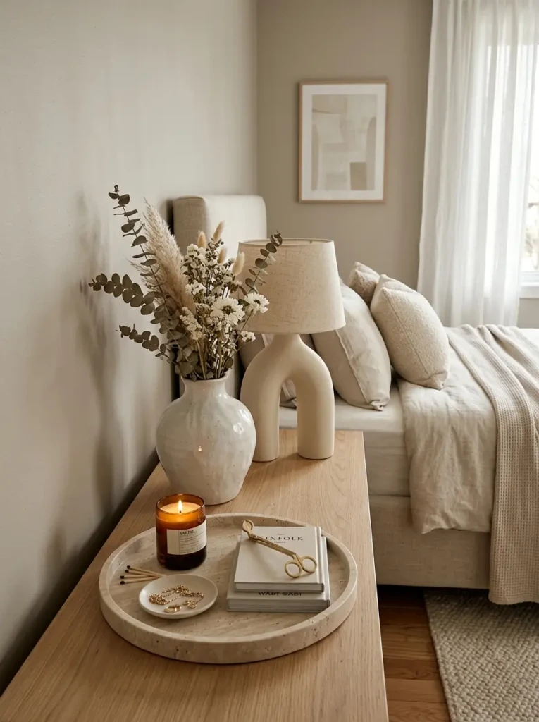 Close-up of ceramic decor, sculptural lamp, and minimalist luxury bedroom accents