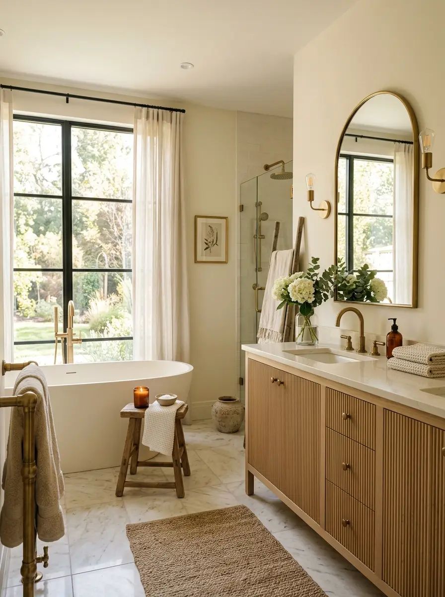 Modern small apartment with elegant organization, cozy decor accents, and warm minimalist atmosphere.