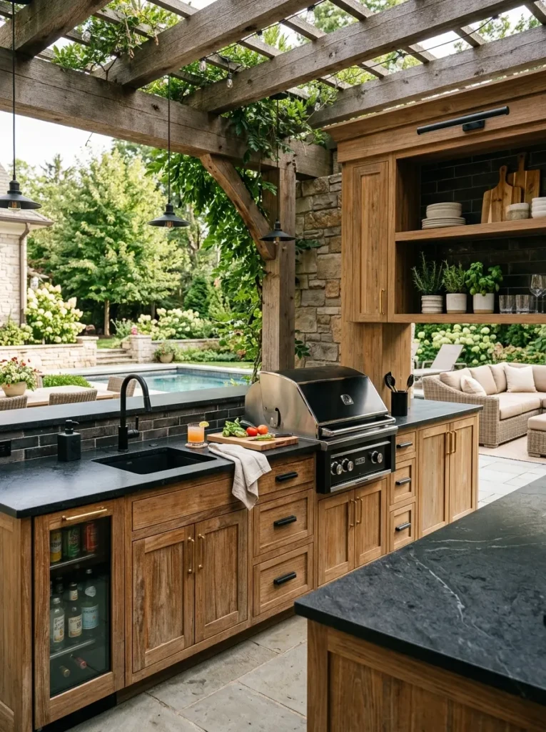Elegant outdoor kitchen with teak cabinets, stone surfaces, and black fixtures