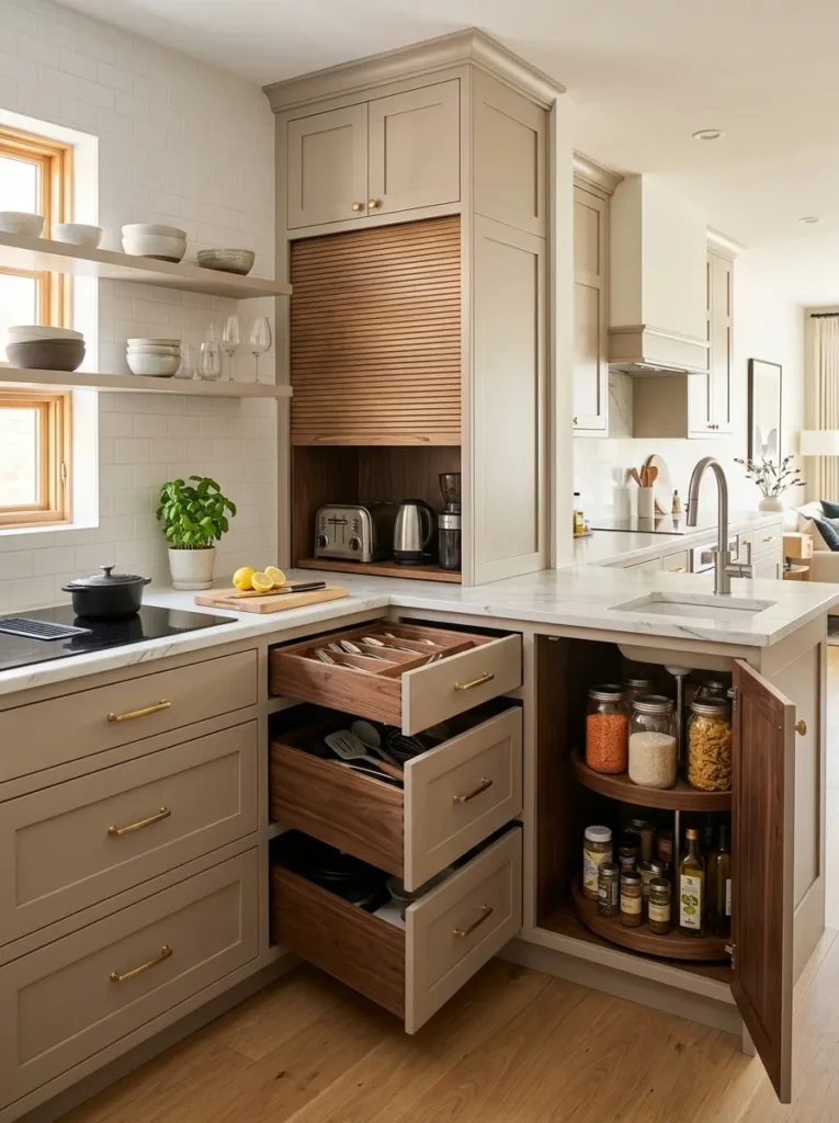 Small kitchen with lazy Susan shelves, appliance garage, and sleek cabinetry