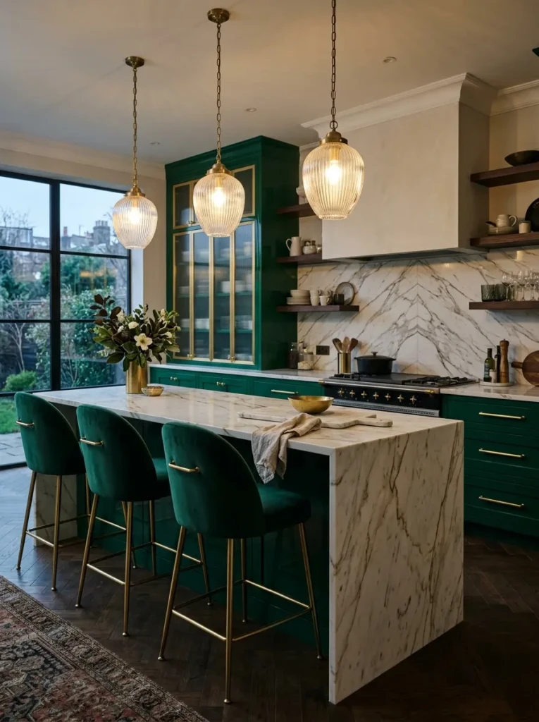 Emerald green luxury kitchen with marble backsplash, gold accents, and velvet seating