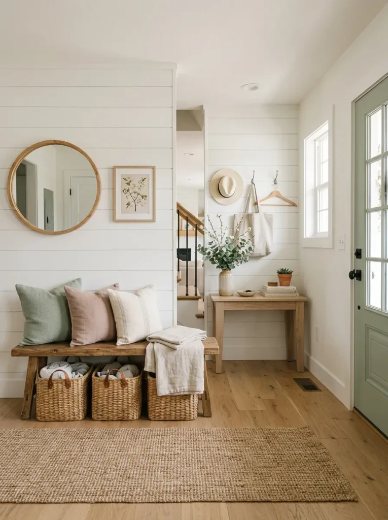 Minimal farmhouse-inspired entryway with wicker baskets and pastel decor accents