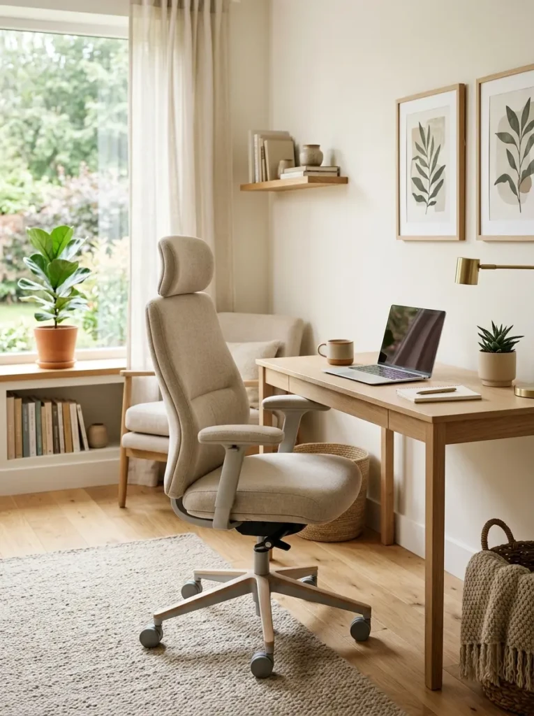 Ergonomic neutral-toned chair with soft upholstery in a calm and airy study room.