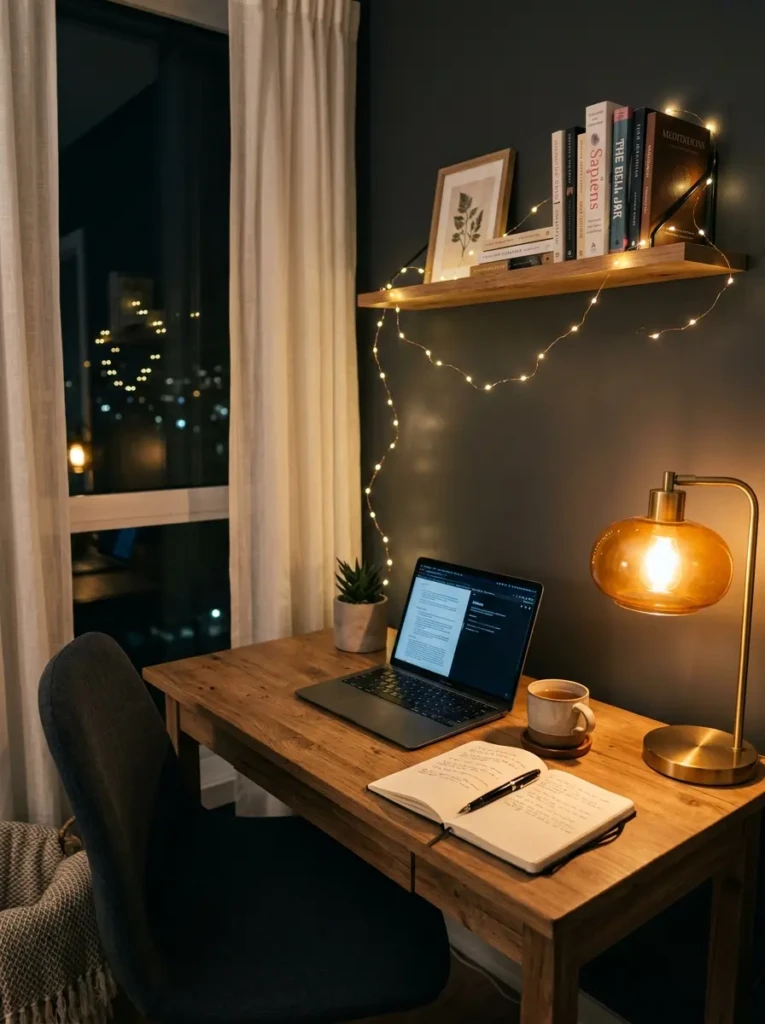 Minimalist desk setup illuminated by amber lighting and soft fairy lights during nighttime study session.