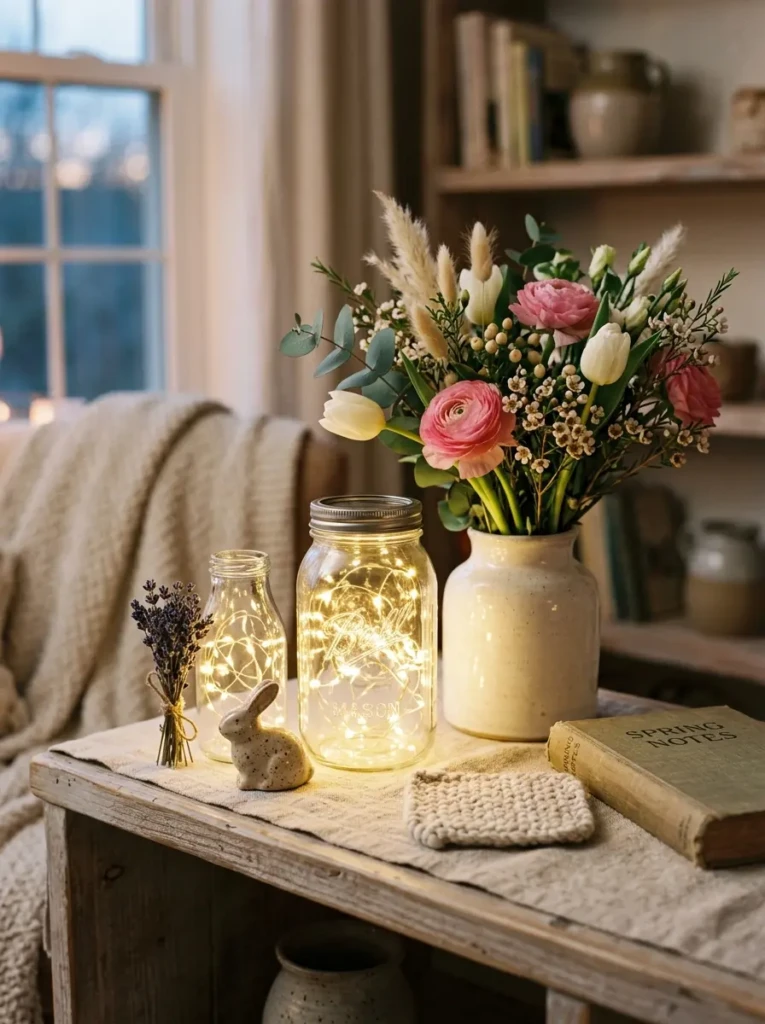 Decorative fairy light jars beside flowers creating soft ambient lighting