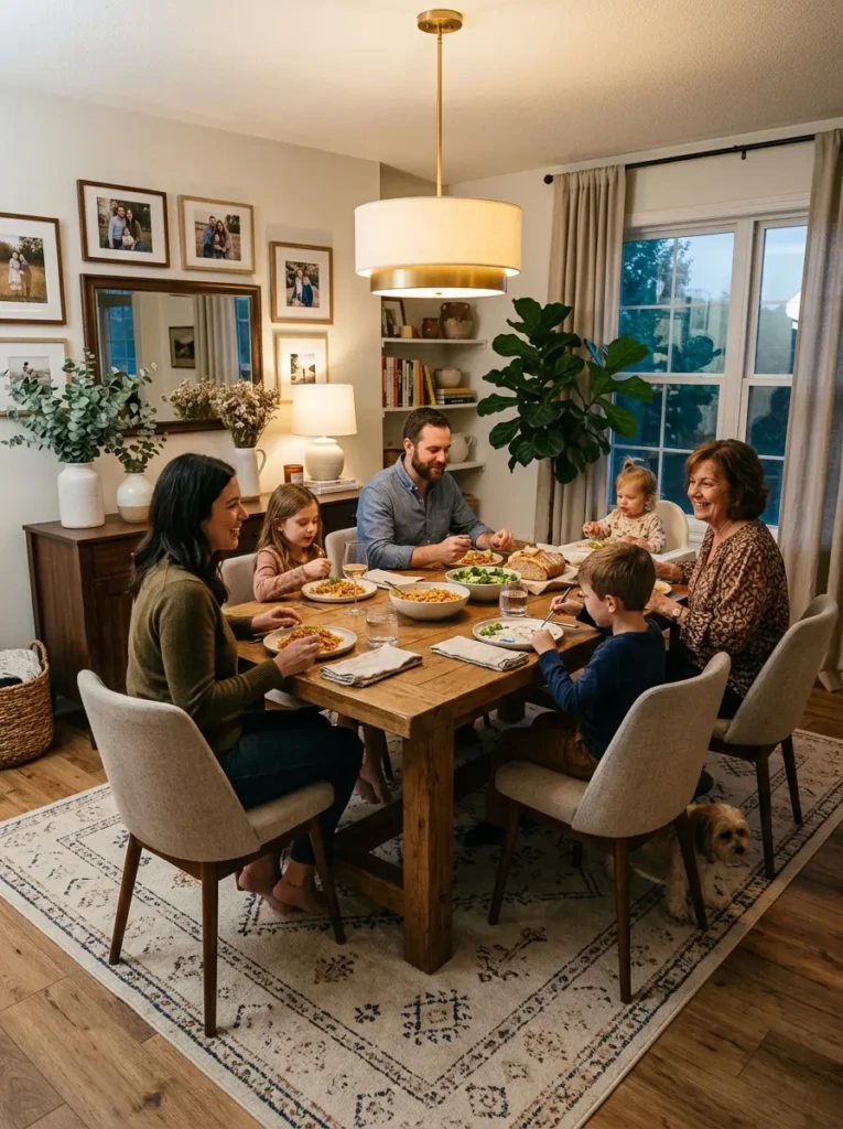 Cozy family dining room featuring a practical washable area rug in warm earthy tones.