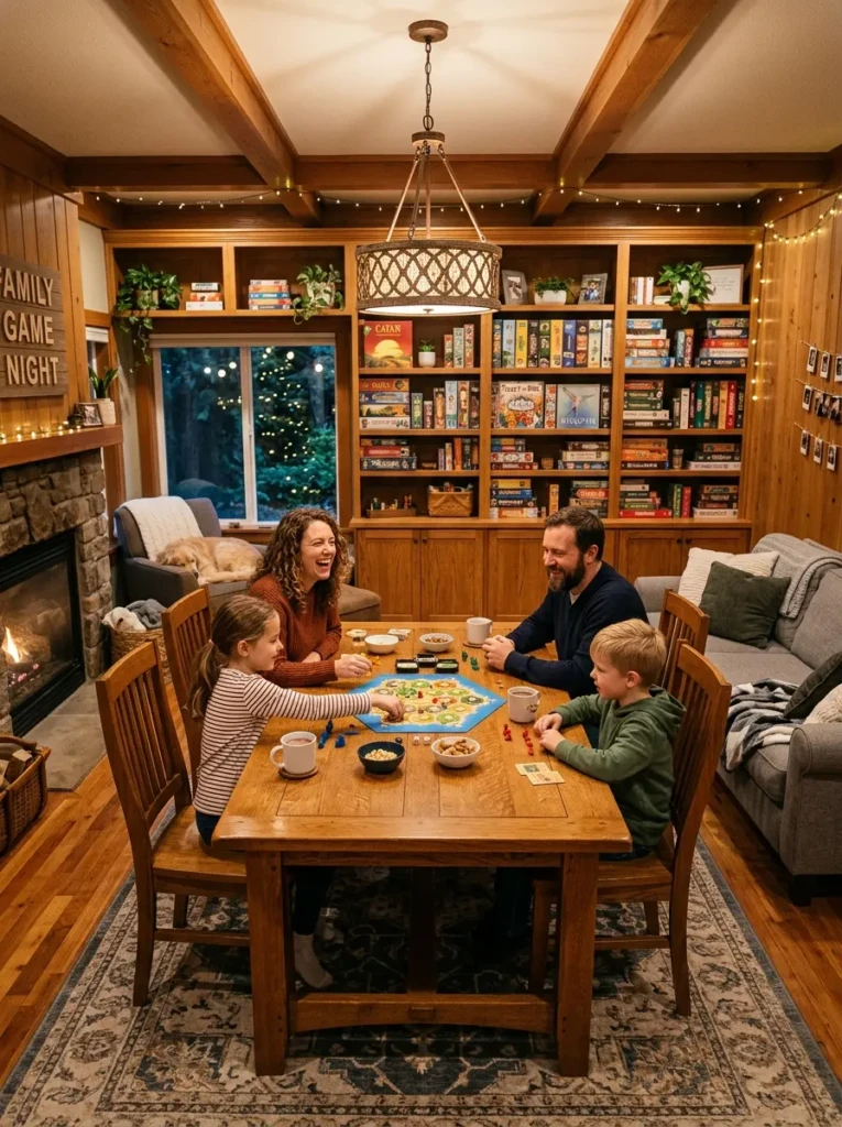 Warm game room with central table, comfortable seating, and board games replacing a dining room.