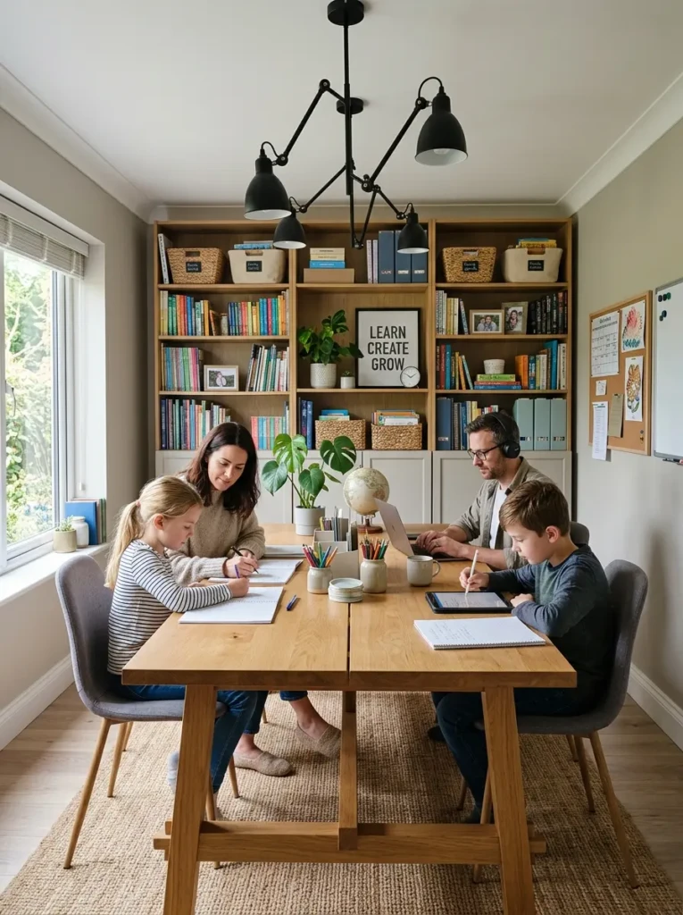 Organized study hub with large table, bookshelves, and task lighting in a former dining room.