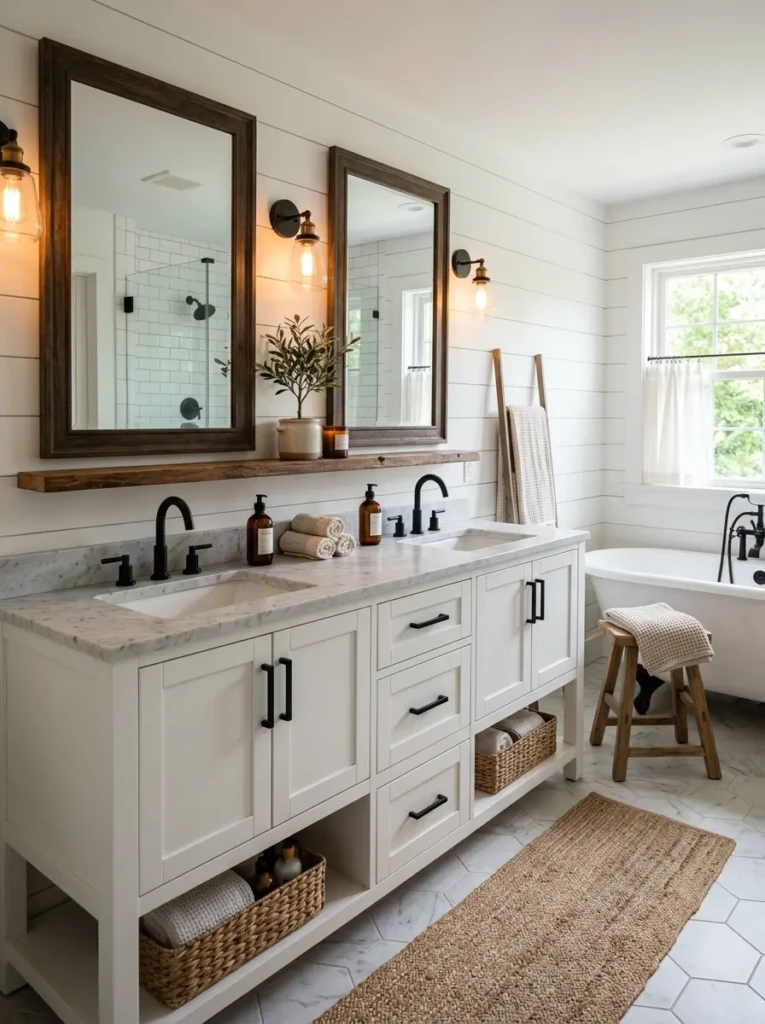 White shaker-style double vanity with black hardware, stone countertops, and warm farmhouse-inspired details.