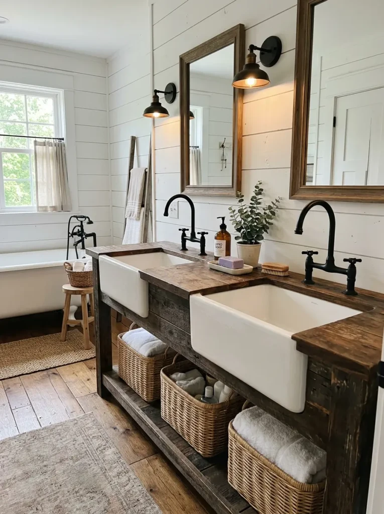 Farmhouse double sink bathroom with shiplap walls, weathered wood vanity, matte black faucets, woven baskets, and warm white tones.