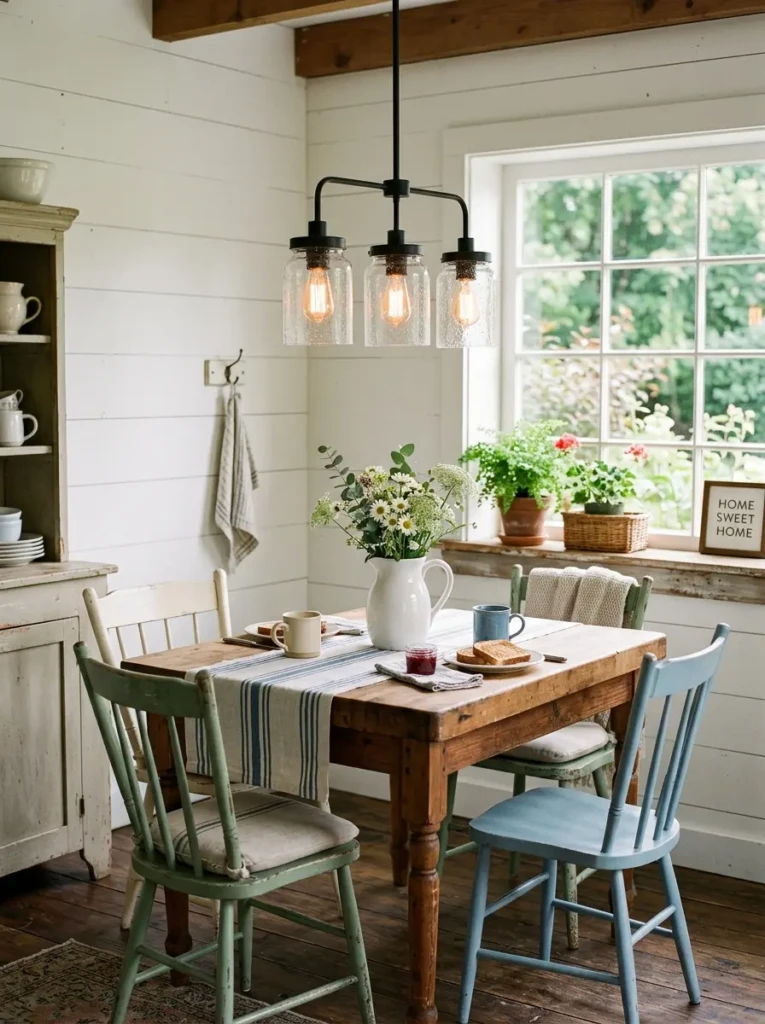Casual farmhouse breakfast nook with a glass jar-inspired light fixture, seeded glass shades, vintage chairs, butcher block table, and striped runner.