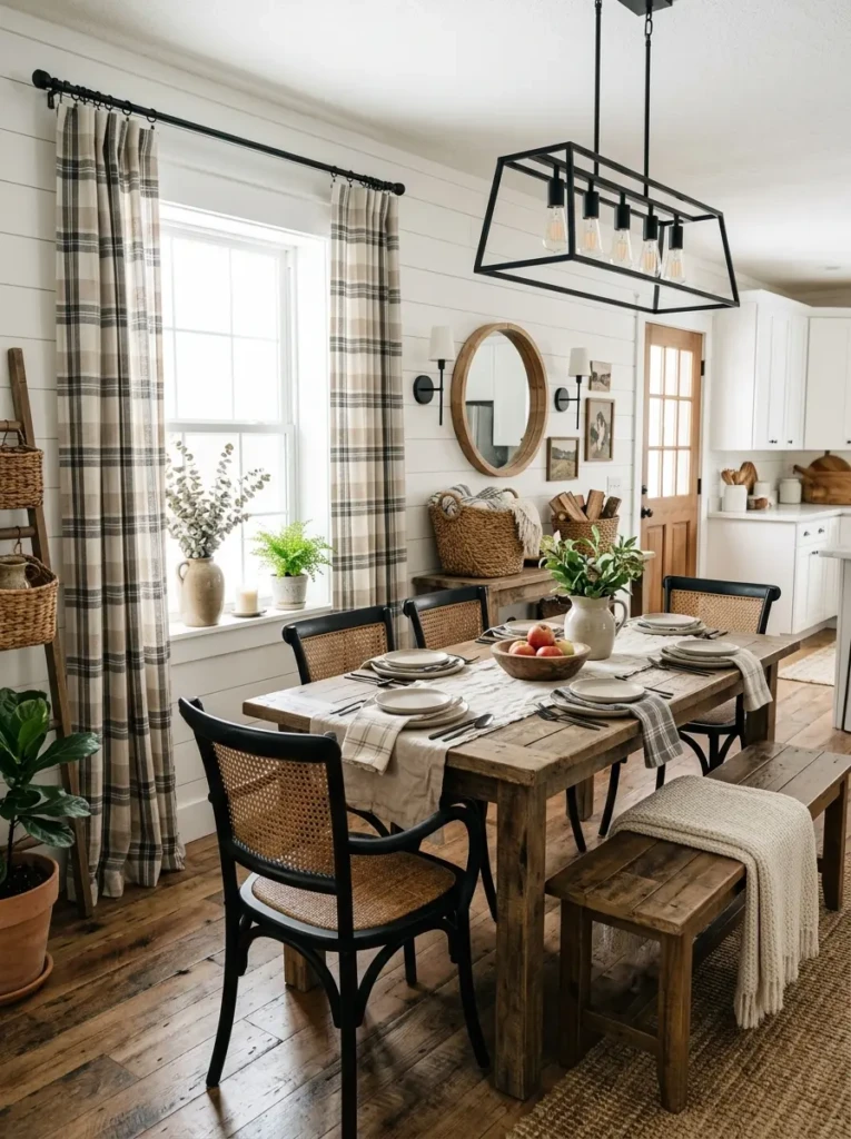 Neutral plaid farmhouse curtains styled with shiplap walls, woven baskets, and rustic wood textures.