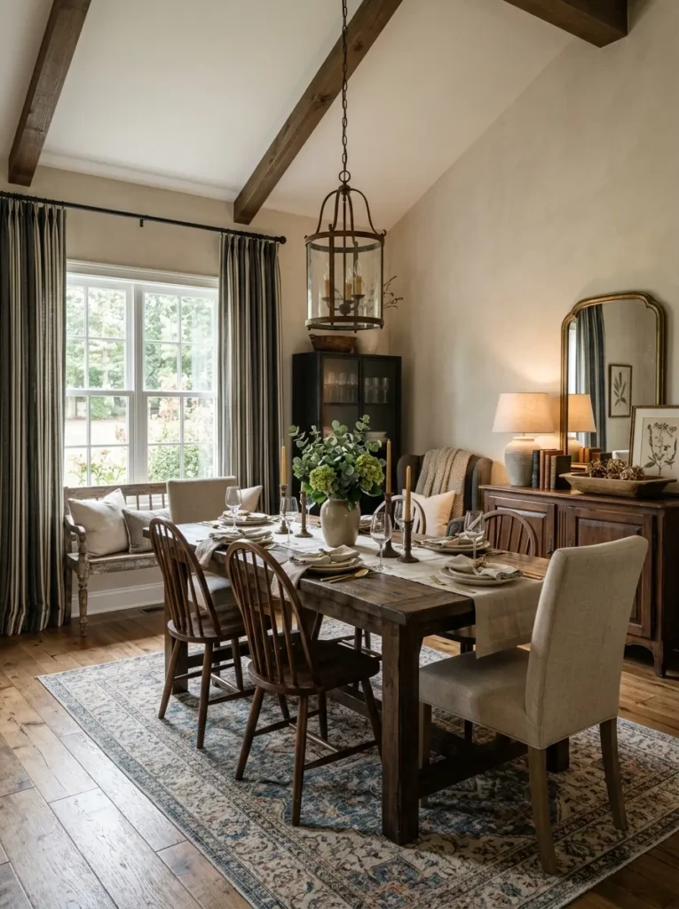 Refined farmhouse dining room featuring charcoal striped curtains and warm rustic decor.