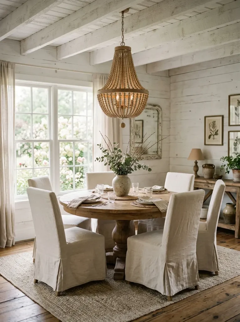 Dreamy farmhouse dining room with a natural wood beaded chandelier, round dining table, slipcovered chairs, neutral rug, and soft romantic light.