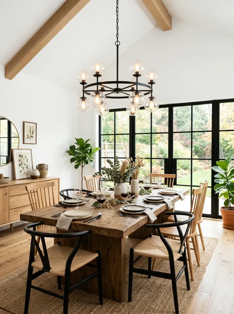 Modern farmhouse dining room with a black-frame globe chandelier, clear glass globes, rustic wood table, white walls, and warm lighting.