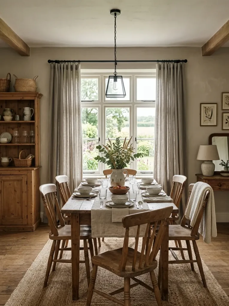 Soft greige cotton curtains paired with simple rustic decor in a cozy farmhouse dining area.