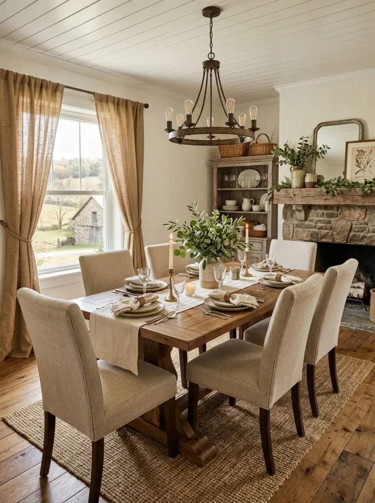 Farmhouse dining space featuring burlap curtains, greenery accents, and layered natural textures.