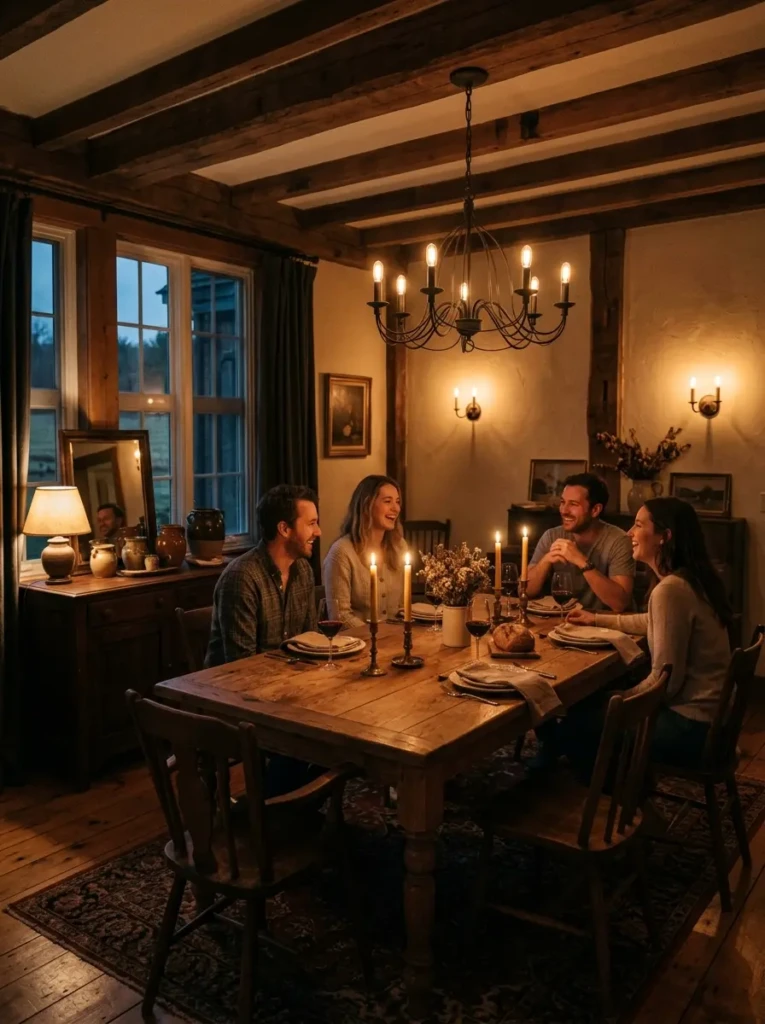 Farmhouse dining room with dimmed chandelier, warm bulbs, candles on the table, wall sconces, sideboard lamp, and soft golden evening light.