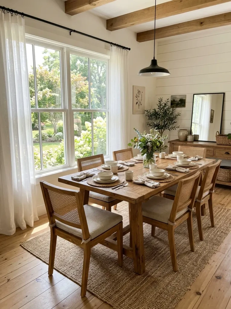 Bright farmhouse dining room with flowing sheer curtains, oak furniture, and woven textures.