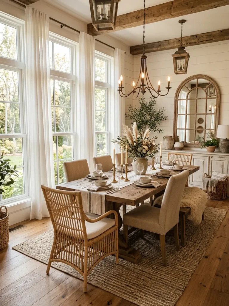 Airy farmhouse dining room with flowing white curtains, reclaimed wood table, and cozy rustic decor.