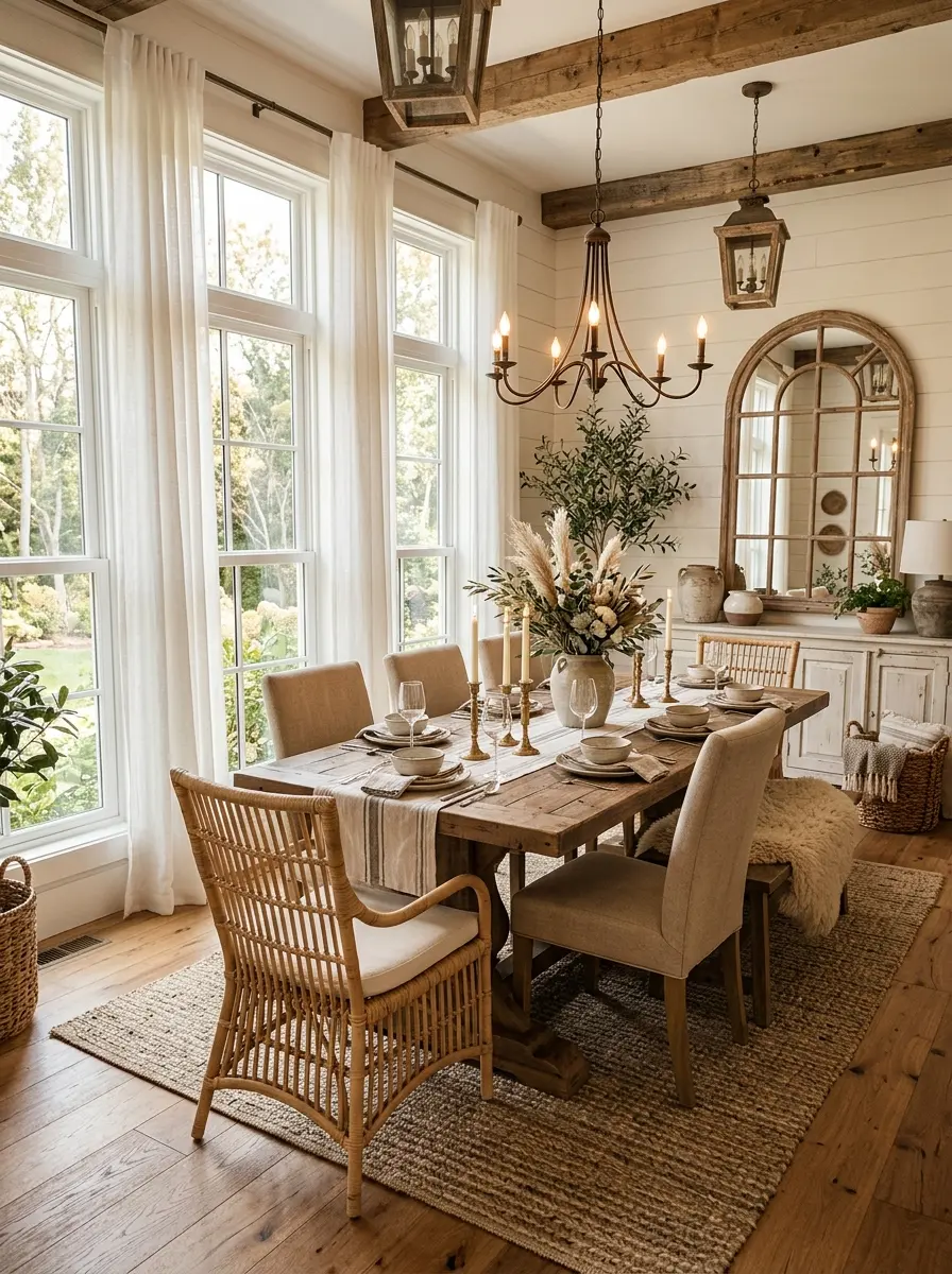Airy farmhouse dining room with flowing white curtains, reclaimed wood table, and cozy rustic decor.