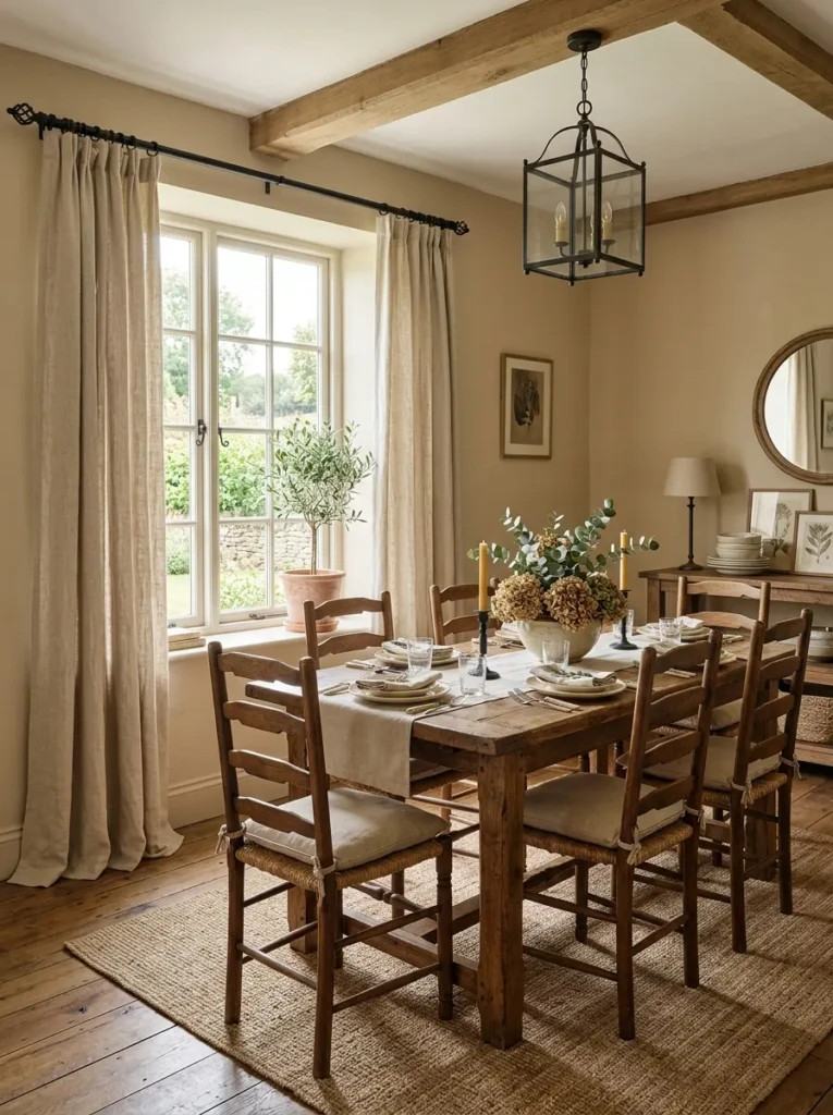 Oatmeal linen curtains with black rods and rustic wooden furniture in a bright farmhouse dining room.