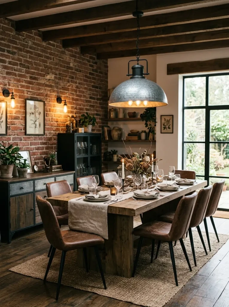 Industrial farmhouse dining room with a galvanized metal dome pendant, reclaimed wood table, leather chairs, brick wall, and warm practical lighting.