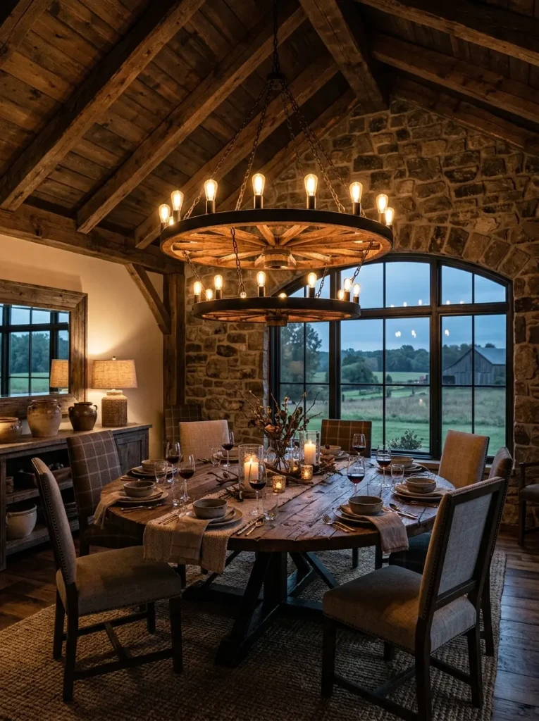 Dramatic farmhouse dining room with a large wagon wheel chandelier, exposed beams, stone accent wall, chunky wood table, and cozy rustic lighting.