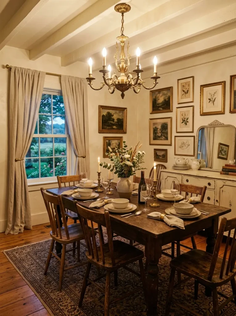 Elegant farmhouse dining room with an antique brass chandelier, rustic dark wood table, creamy walls, vintage artwork, and soft golden light.
