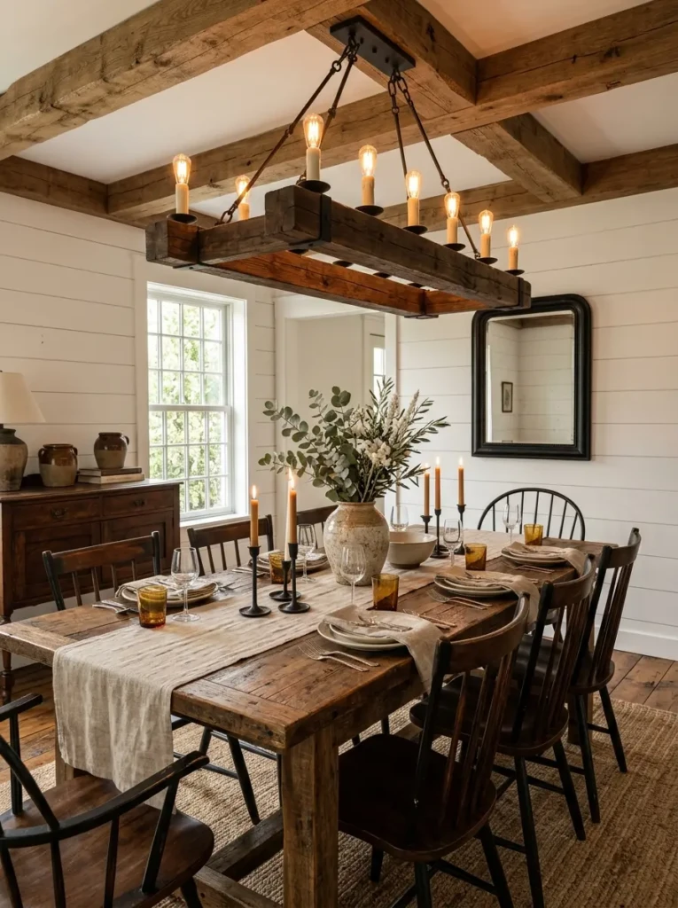 Farmhouse dining room with an oversized wood beam chandelier, black metal accents, candle-style bulbs, reclaimed wood table, and white shiplap wall