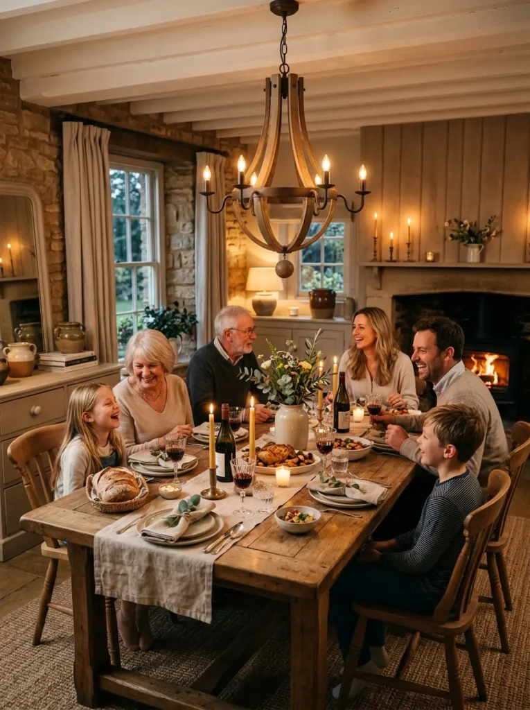 Warm farmhouse dining room with glowing chandelier, candles, rustic wood table, linen napkins, neutral decor, and cozy family-style table setting.