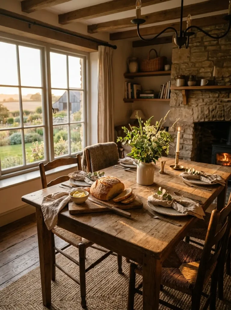 Cozy farmhouse dining room with warm golden light, rustic wooden table, linen napkins, ceramic plates, greenery, and inviting neutral decor.