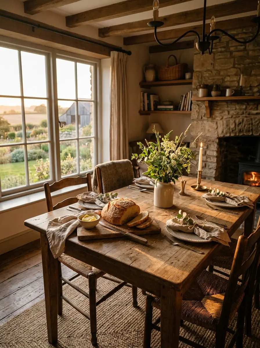 Cozy farmhouse dining room with warm golden light, rustic wooden table, linen napkins, ceramic plates, greenery, and inviting neutral decor.