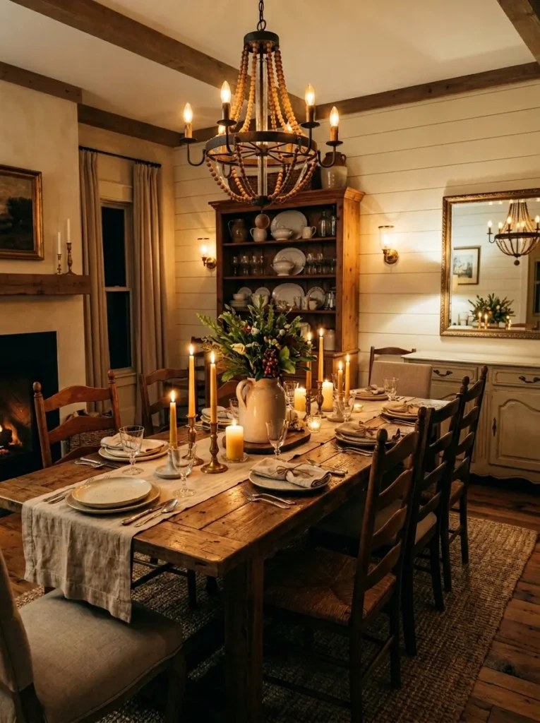 Layered farmhouse dining room with statement chandelier, wall sconces, buffet lamp, candles, rustic table, and warm wood, metal, glass, and linen textures.