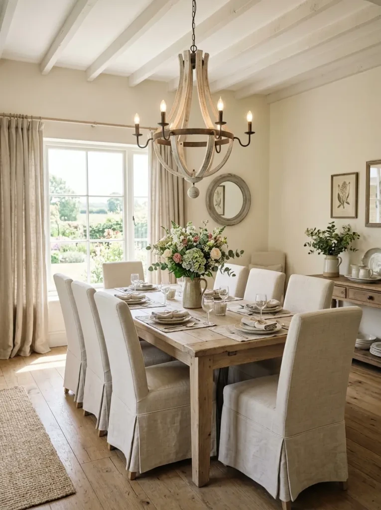 Airy farmhouse dining room with a distressed whitewashed chandelier, pale oak table, slipcovered chairs, linen curtains, and soft neutral tones.