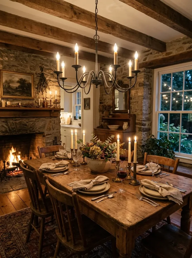 Timeless farmhouse dining room with a candle-style chandelier, distressed black metal finish, wooden table, linen napkins, taper candles, and warm evening glow.