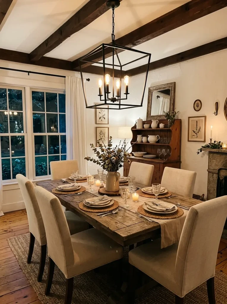 Charming farmhouse dining room featuring a matte black lantern chandelier above a weathered wood table with cream chairs and woven placemats.