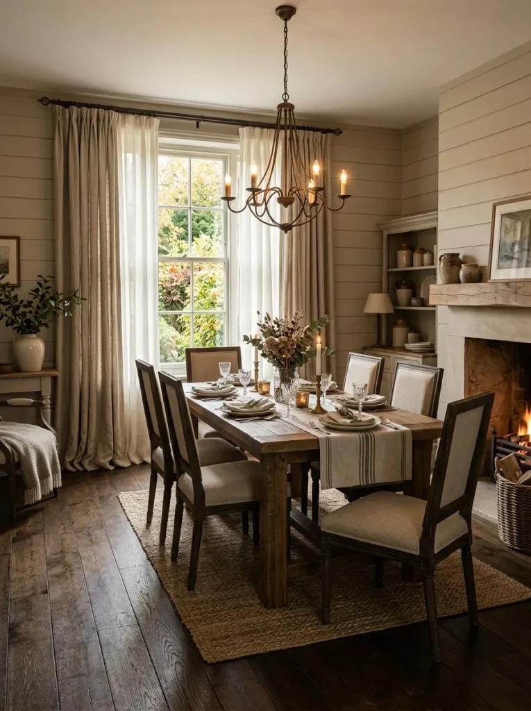 Floor-length layered farmhouse curtains creating a luxurious and cozy dining room atmosphere.