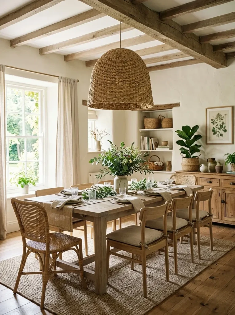 Relaxed farmhouse dining room with a large woven rattan pendant light above a light wood table, greenery centerpiece, white walls, and neutral rug.