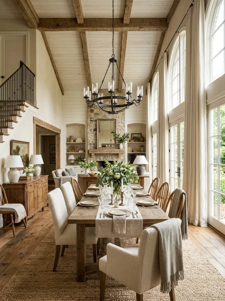 Extra-long farmhouse curtain panels creating height and warmth in a cozy dining room.