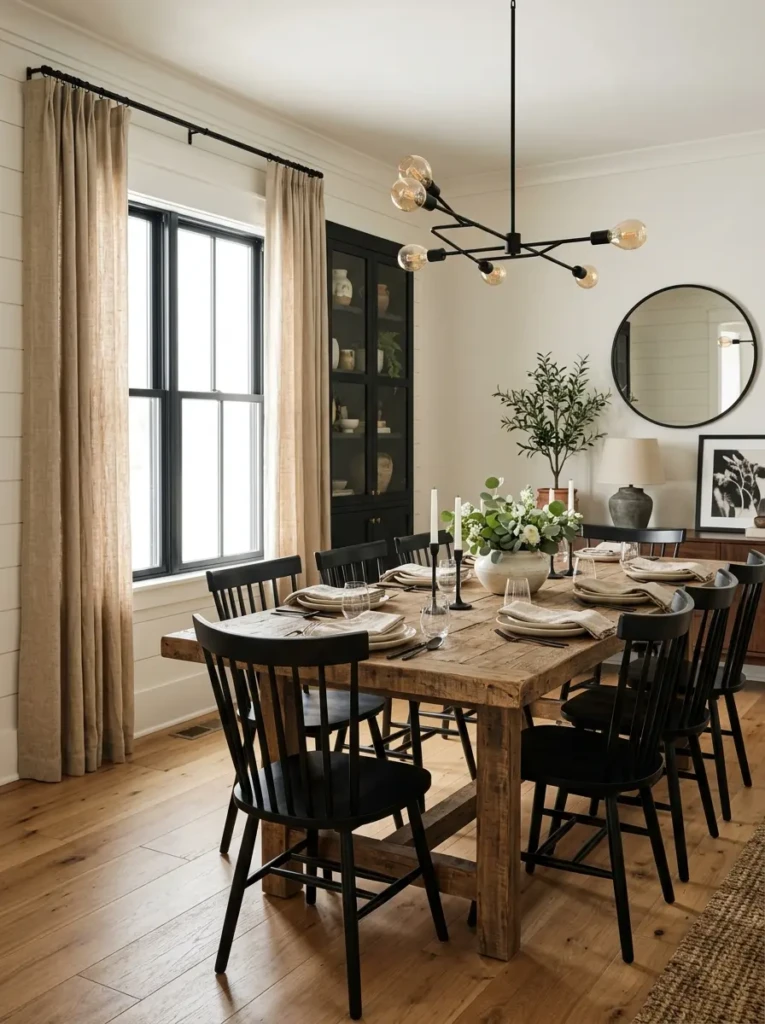 Cozy modern farmhouse dining space with warm beige curtains, rustic wood furniture, and black accents.
