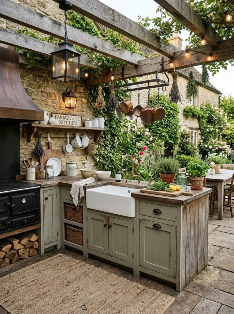 Farmhouse-style outdoor dirty kitchen with distressed wood and lantern lighting