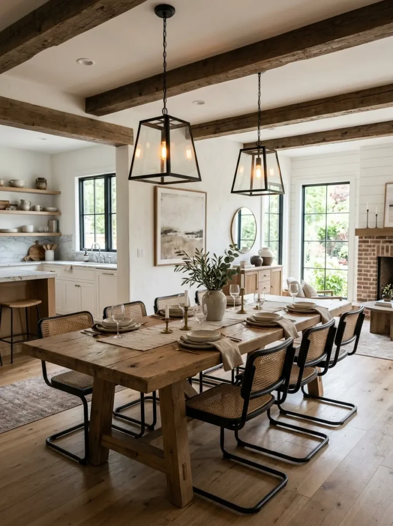 Long farmhouse dining table with two matching black metal and glass pendant lights, neutral chairs, open-concept layout, and rustic-modern styling.