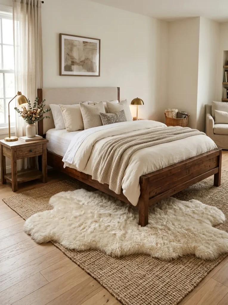 A faux sheepskin rug layered beneath a wooden bed frame in an elegant cozy bedroom.