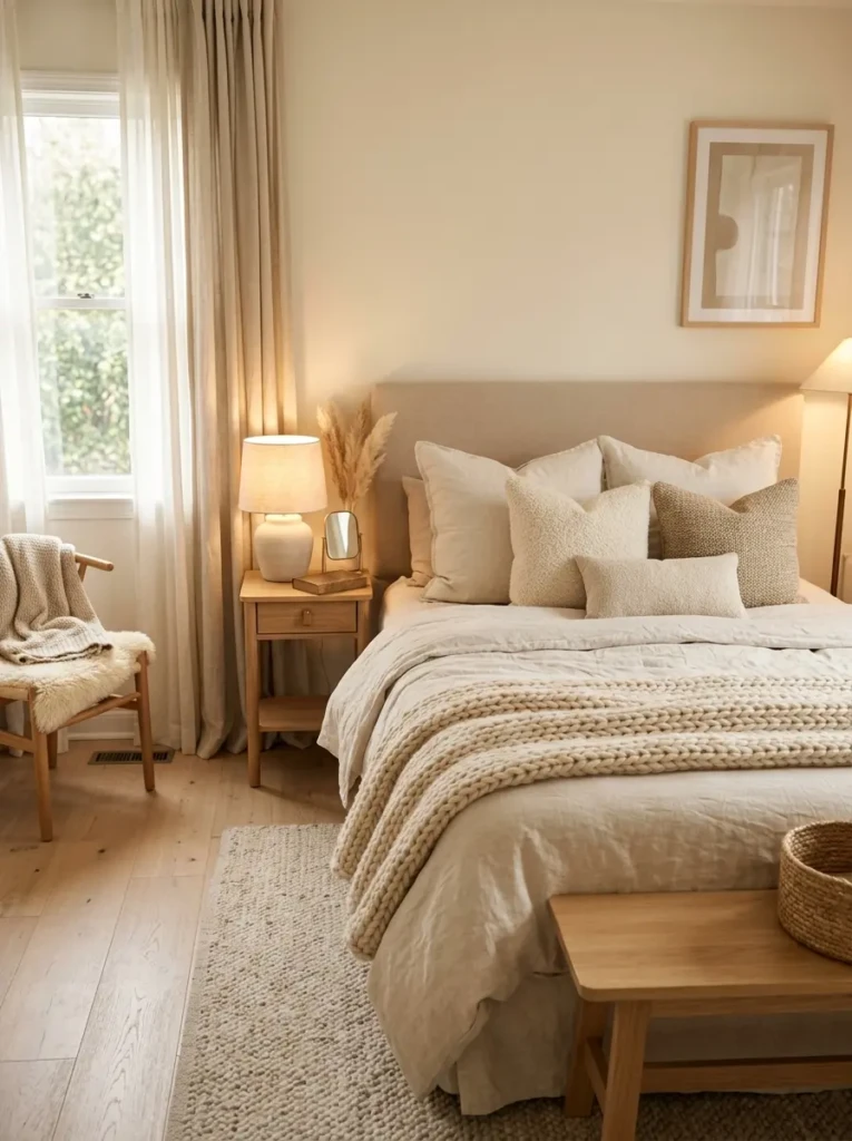 Small neutral bedroom with cream bedding, boucle pillows, and warm cozy lighting