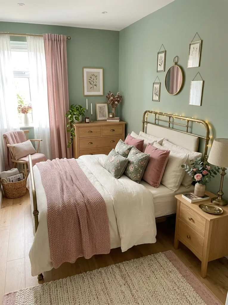 Small feminine bedroom with sage green and dusty pink color palette