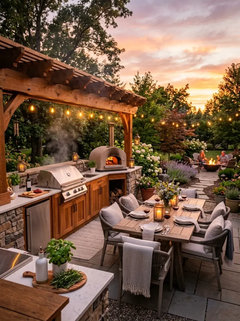 Beautiful outdoor kitchen illuminated by warm evening lights and cozy seating